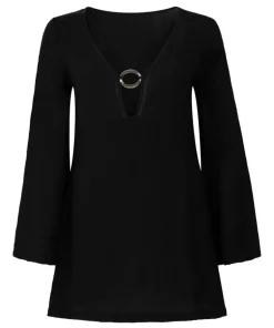 Beach Long-Sleeved Ring Dress - Black