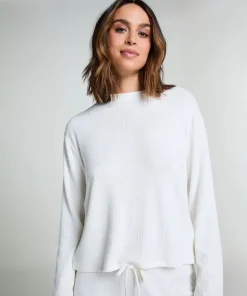 Long-sleeved Knitted Ribbed Pyjama Top - White
