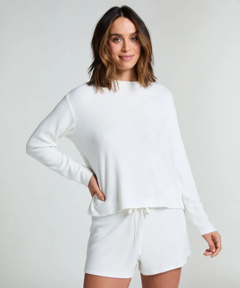 Long-sleeved Knitted Ribbed Pyjama Top - White