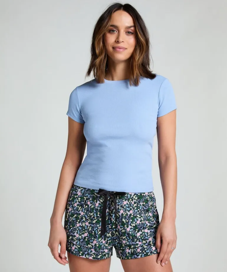 Ribbed Crew Neck Short-Sleeved Pyjama Top - Blue