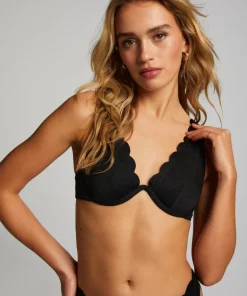 Scallop non-padded underwired bikini top - Black