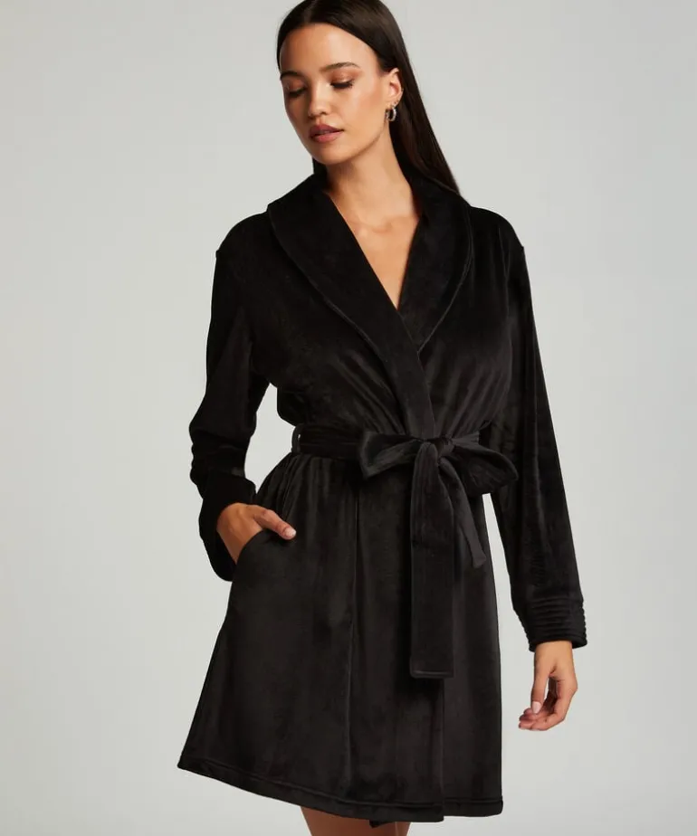 Velours short bathrobe - Black